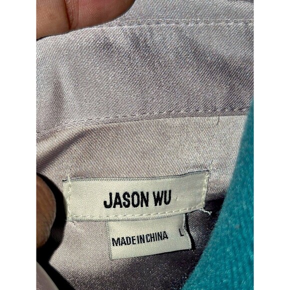 JASON WU SATIN LIGHT TAUPE WRAP TIE LONG SLEEVE CAREEE MIDI DRESS SIZE L $375 - Picture 2 of 7